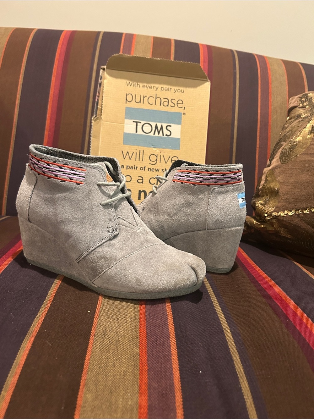TOMS Gray Suede Wedge Ankle Booties with Braided Collar